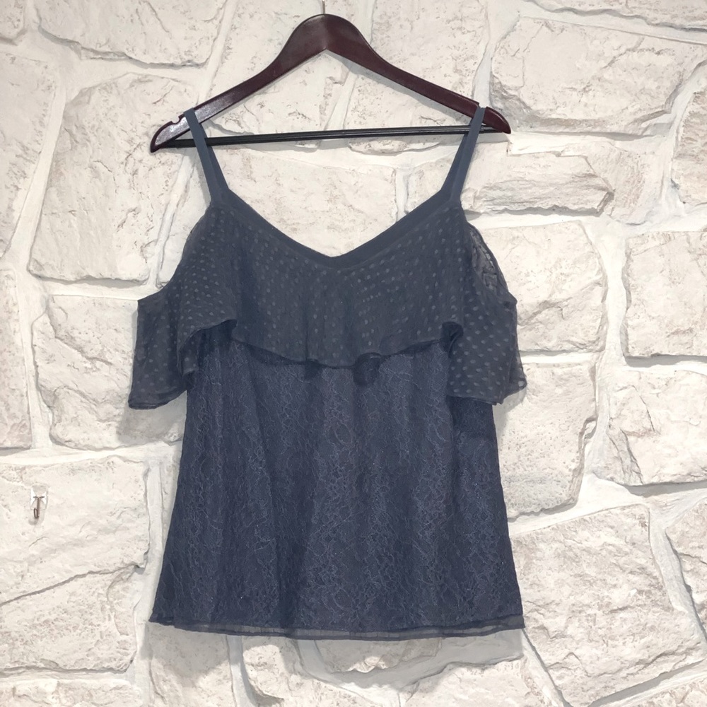 White House Black Market Dusty blue blouse. Cold shoulder. Size M.